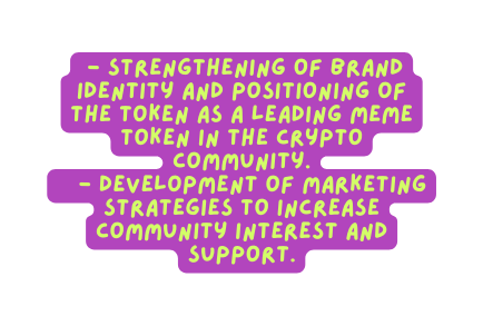 Strengthening of brand identity and positioning of the token as a leading meme token in the crypto community Development of marketing strategies to increase community interest and support